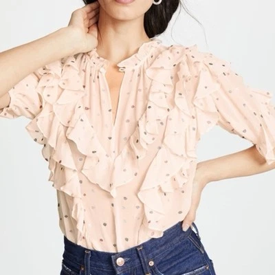 Rebecca Taylor Glitter Gem Silk Top Ruffled Cream Blouse SILK M $425