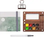 Pocket Watercolor Travel Set,8 Grids Wood Travel Paint Palette Paint Box | Watercolor Sketch Book Brush Pens with Binder Clips for Painters Artists Students