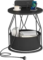 Hzuaneri Side Table with Charging Station, Round End Table with Storage Basket, Small Nightstand, Bedside Table, for Living Room, Bedroom, Black ET55004BAU