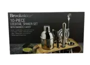 Brookstone 10 Piece Cocktail Shaker Set Bamboo Caddy Muddler Jigger Opener New