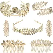 YallFF 5 Pieces Greek Roman Laurel Leaf Bracelet Armband Golden Laurel Leaves Crown Tiara Costume Greek Goddess Headband Hair Comb Bridal Wedding Headpiece Hair Accessories