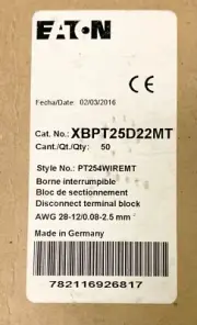 EATON XBPT25D22MT Disconnect Terminal Block PT254WIREMT AWG 28-12 0.08-2.5 MM