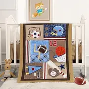 Wowelife Sports Mini Crib Bedding Set Boy Brown 3PCs Mini Crib Comforter Set Basketball Baseball Rugby Nursery Bedding Sets for Boys with Soft Crib Comforter, Crib Skirt and 38x24 Crib Sheet, Brown