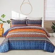WONGS BEDDING Boho Fall Queen Quilt Set, Blue and Orange Bohemian Queen Quilt Bedding Set, Lightweight Microfiber Bed Decor Bedspread for All Season 96"x90"(3 Pieces)
