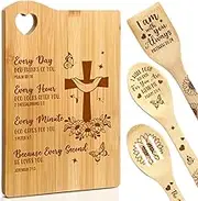 4 Pcs Christian Gifts for Women Mom Bible Verse Bamboo Cutting Board Faith Religious Spatula Spoon Set Catholic Inspirational Gifts for Mother's Day Christmas Birthday(God Cares for You)