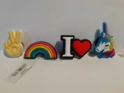 Croc Charms Assorted (4 Charms "I Heart", Rainbow, Unicorn, Peace)