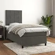 vidaxl Bed with Mattress & Topper - King Single Size Dark Grey Velvet 106x203 cm, Adjustable headboard, Pocket Spring, Bedroom