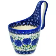 Polish Pottery Bowl with Loop-Handle 7" Cobalt Hydrangea UNIKAT