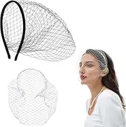 [Pvieked] 2Pcs Mesh Veil Headband Black and White Fascinators for Women Bridal Wedding Tea Party 1920s Headpiece and Halloween Costume Accessories Black Veil Vintage Accessories for Women Girls