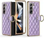 [XIMAND] for Samsung Galaxy Z Fold 5 High-end Stylish Business Diamond Leather Phone Case with Ring Design, Anti-Slip, Anti-Drop, and Two-in-One Protection.(Purple)