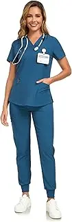[HSDORY] Scrubs for Women Sets, Stretch V-Neck Scrub Top & Cargo Pants with Multi Pockets, Anti-Wrinkle