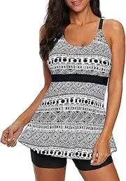 [SEDEX] Swimsuit Women's Tank Top Swimming Shorts Tummy Control Print Tankini Women's Set Swimsuits with Swimming Trunks Swimwear Two Piece Swimming Swimsuits with Cups Beachwear Women Summer