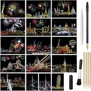 Magic Scratch Art Paper, Mini Envelope Postcard, Rainbow Night View Scratchboard for Adults and Kids, Art & Crafts Set : 16 Sheets Scratch Cards & 8 Tools Drawing Pen, Brush (Travel Around The World)