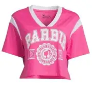 NWT Barbie XXL Pink White Logo Varsity V-Neck Barbie Short Sleeve Crop Top