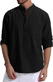 [RPOVIG] Men's Linen Shirts Long Sleeve Button Down Beach Shirt Henley Casual T Shirt Summer Clothes Soft Lightweight