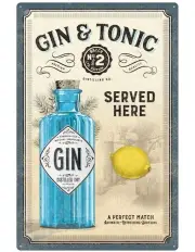 [NOSTALGIC ART] Metal Sign Gin and Tonic Served Here 40x60cm in Blue