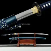Hand Forged Folded Steel Japanese Katana Blue Sword With Bohi Full Tang Sharp.