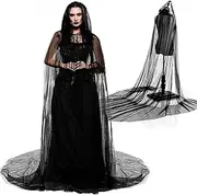 Hercicy Black Sheer Cap, Haunted Hooded Cape Witch Long Black Sheer Cape with Oversized Hood, Elf Cloak Wedding Tulle Robe for Women Adult Bride Vampire Costume Dress, Black, One Size