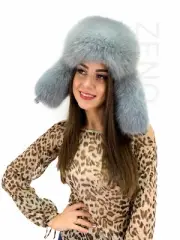Arctic Fox Fur Hat With Leather Saga Furs Trapper Fur Hat Light Gray Fur Hat
