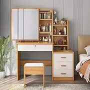 Vanity Desk with Sliding Mirror and Stool, Large Makeup Vanity with 4 Drawers,Multifuncional Study Table Modern Vanity Set Dressing Table for Bedroom