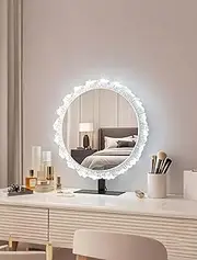 Crystal LED Vanity Mirror 3-Color Adjustable Brightness, Elegant Luxury HD Round Mirror with Lighting Dressing Table for Girls Women (Black L-50cm)
