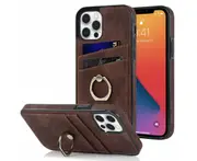 Full Protection Cover for iPhone 12, 2 Cards PU Leather Case with Ring Holder - Brown