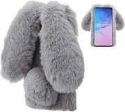 [LCHDA] Plush Case for Samsung Galaxy S21 FE 5G, Fluffy Artificial Rabbit Fur Cute Rabbit Ears Girls Cute Furry Mobile Phone Case Shockproof Protective TPU Silicone Case - Grey