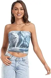 [RPLIFE] White Wolf Cyan Dragon Crop Tube Top Mesh Tube Tops, Strapless Crop Top for Women, Summer Clothing (S)