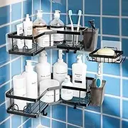 Naxifly Corner Shower Caddy 3 Pack,Black Rust-Resistant Adhesive Shower Shelf No Drilling,Bathroom Shelf Shower Storage with Soap Holder&Hooks&Toothpaste Holders,Bathroom or Kitchen Accessories