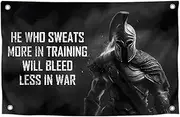 3x5 Ft Motivational Polyester Flag He Who Sweats More In Training Will Bleed Less In War with 4 Grommets - Improvement Wall Decor for Home or Gym - Wall Single Sided Flag with Spartan Image and Quote