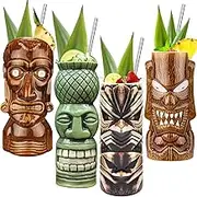 Tiki Glasses for Cocktails Tiki Mugs Set of 4 Ceramic Tiki Party Cups Bar Decor Creative Tiki Mug Set Large Hawaiian Tiki Drinking Decorations Vintage Tropical Drinkware Barware 4 Packs