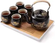 Dujust Japanese Tea Set, Black Porcelain Tea Set with 1 Teapot Set, 6 Tea Cups, 1 Tea Tray, 1 Stainless Infuser, Beautiful Asian Tea Set for Adults, Tea Lover/Women/Men (Countryside in Golden)