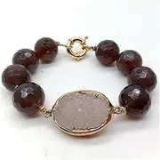 LAnGSHAW 17mm Natural Agate Druzy Connector Faceted Round Gray Agate Strand Bracelet 8"