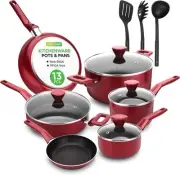 NutriChef 13 Pcs. Nonstick Cookware Set w/Saucepan, Frying Pans, Pots, Red
