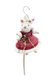 "STEIFF "MRS SANTA MOUSE ORNAMENT”EAN 007453 -4”-HIGH QUALITY WHITE WOOL PLUSH-