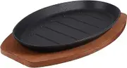 ASAKKURA 1Set Cast Iron Griddle Pan for Steak and Bacon Double Ear Serving Dish with Wooden Base Hot Plate for BBQ and Induction Cooking