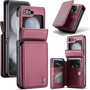 [XIMAND] for Samsung Galaxy Z Flip 6 Wallet Case with RFID Blocking and 4 Credit Card Holder, Premium Durable Leather Magnetic Clasp Kickstand Heavy Duty Shockproof Protective Cover.- Wine