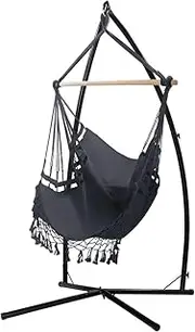 Hammock Chair with Steel Stand Hanging Outdoor Tassel Grey Comfortable Relaxing