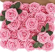UKKQES Artificial Flowers 25pcs Real Looking Pink Foam Fake Roses with Stems for DIY Wedding Bouquets Bridal Shower Centerpieces Floral Arrangements Party Tables Home Decorations