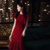 在飛比找Yahoo!奇摩拍賣優惠-服 短袖禮服 小晚禮服 洋裝禮服 平時可穿2024新款紅色顯