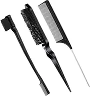 Geiserailie 3 Pcs Slick Back Hair Brush Set Bristle Brush Edge Control Teasing Comb for Women Black Hair(Black)