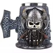 Viking Skull Beer Mug, Medieval Norse Pirate Coffee Cup with 3D Viking Warrior Statue, Gothic Skeleton Tankard for Bar or Gift