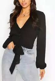 Black Button Through Tie Front Shirt Blouse Top UK 12 BNWT Made In Italy