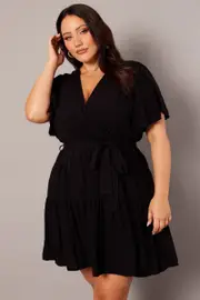 Black Wrapover Mini Dress Flare Sleeve Tie Waist