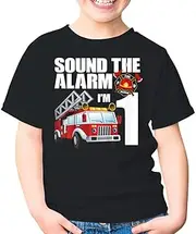 [SDVN] 1 Year Old Firefighter Birthday Fire Truck Engine 1st Birthday Firemantoddler Shirt Gift Boys Girls Youth T-Shirt (Black;XS)