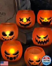 Halloween Centerpiece for Table 6 PCS, Orange Pumpink Grimace Glass Votive Ca