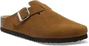 [RAVELLA] Charlie Flat in Cognac | Women's Flats | Clogs | Flatform Sole | Square Silver-Tone Buckle | Moulded Footbed | 3 cm Heel Height