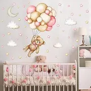 Teddy Bear Wall Decals, Cartoon Animal Wall Decals, Balloon Wall Stickers Star Moon Cloud Wall Decals Wall Stickers for Kids Baby Room Decor Baby Room Nursery Dec(Pink Bear Wall Decals)