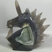 Natural Agate Geode Quartz Crystal Unicorn Hippocampus Manual Carving 373g