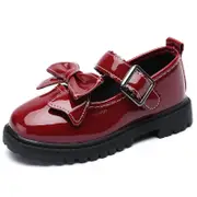 Nevenka Girls Bowknot Mary Jane Shoes Hook & Loop Wedding Party Flats-Wine Red